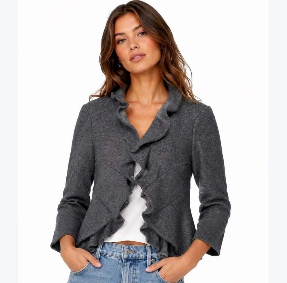Anthropologie Tabitha Wool Blend Jacket Grey Ruffled Collar